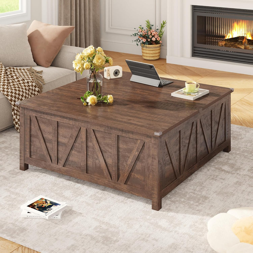 chartustriable 43.3' Lift Top Coffee Table with Storage, Farmhouse Coffee Table with Large Hidden Storage Compartment and Shelves，Square Center Tables for Living Room, Tea Table Dark Brown