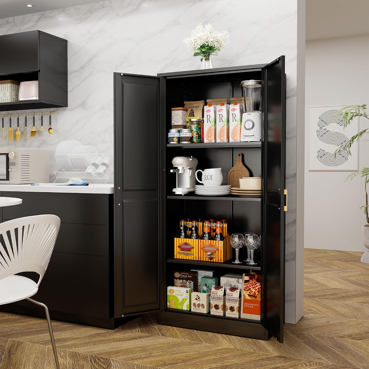 60' Tall Kitchen Storage Cabinet with 2 Doors, Metal Kitchen Pantry Cabinets with 3 Adjustable Shelves, Black Freestanding Food Cabinet, Large Cupboard for Office, Dining, Living Room,Hallway