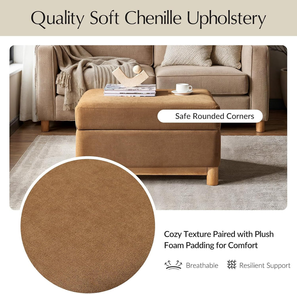 HULALA HOME 30.25' Ottoman Coffee Table with Reversible Tray Lid, Modern Upholstered Storage Ottoman with Solid Wood Base, Removable Top, Footrest and Extra Seating for Bedroom or Living Room, CARAMEL