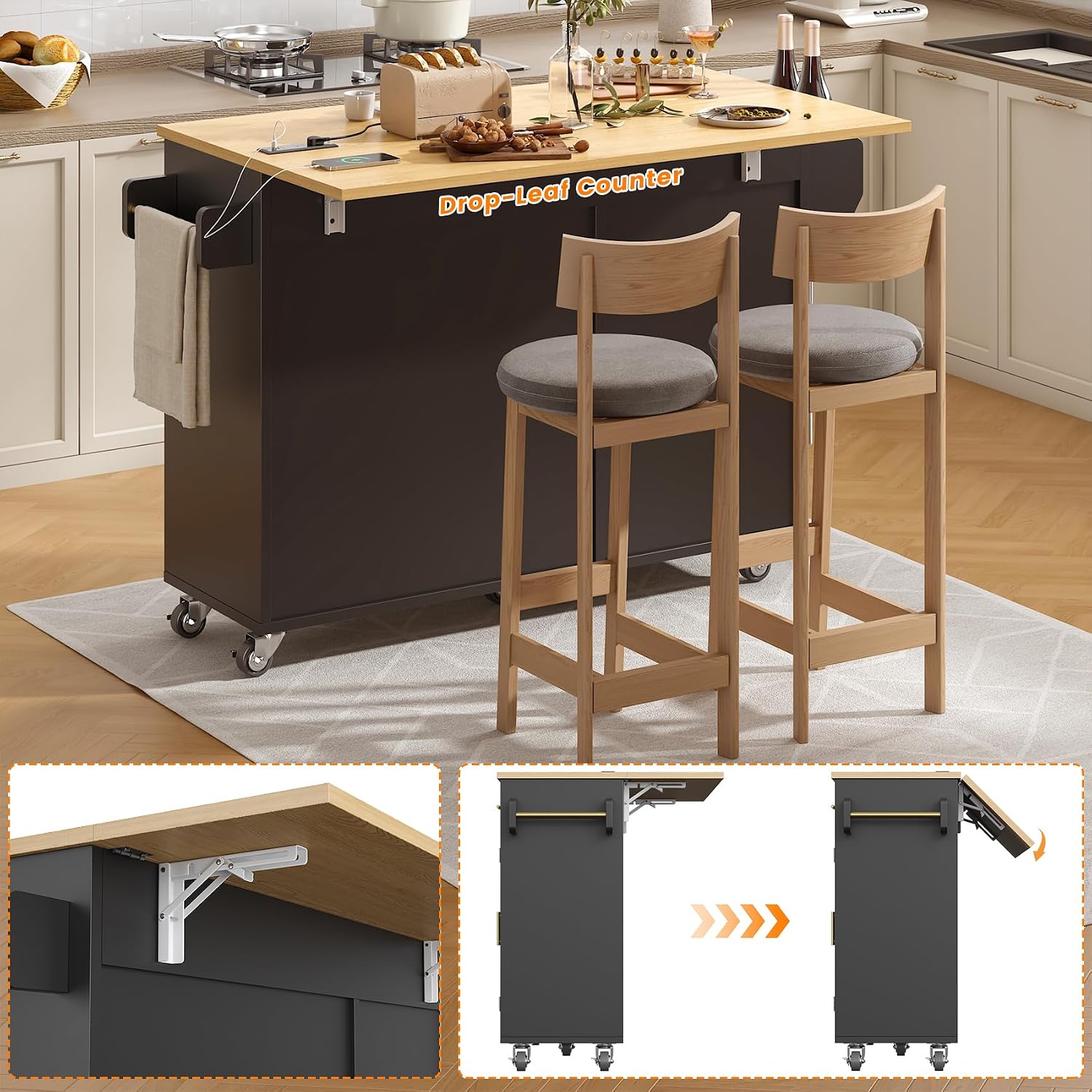 VVFLU 51.8' Kitchen Island Cart with Trash Can Storage, Kitchen Island on Wheels with Power Outlet & Drop Leaf, Rolling Kitchen Cart with Towel Rack & Spice Rack, Mobile Islands Table for Kitchen