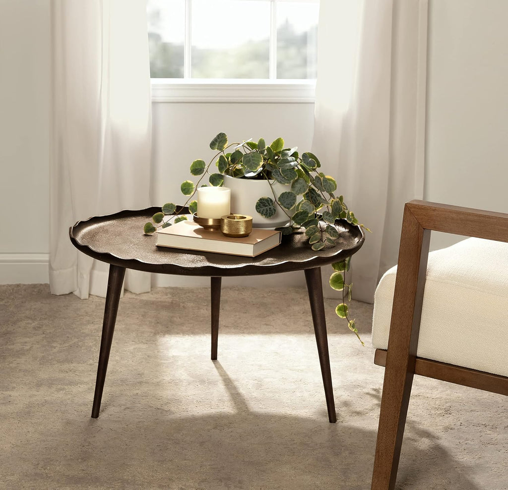 Kate and Laurel Alessia Modern Round Metal Coffee Table; 26 x 26 x 16; Bronze; Sand Cast Aluminum Coffee Table with Raised Deckled Edge for Storage and Display