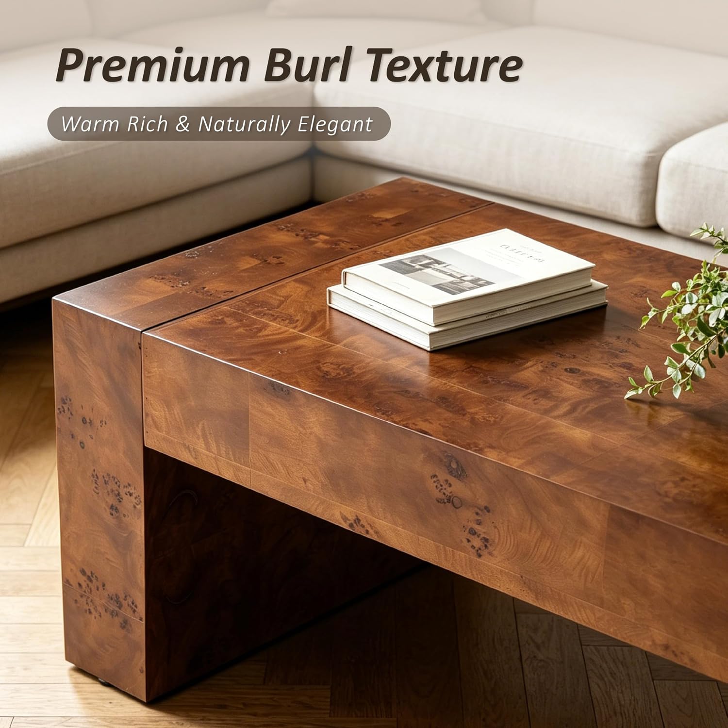 COZAYH Modern Burl Finish Coffee Table, Wood Block Center Table with Thick Legs, Minimalist Rectangular Cocktail Table for Living Room, Dark Brown