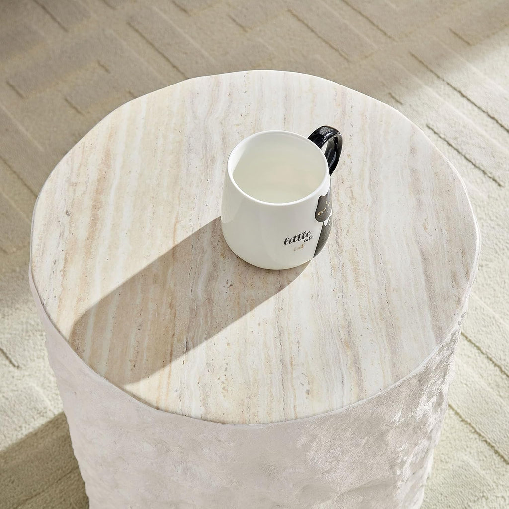 Round Side Table Small Coffee Table for Living Room Circle End Table for Bedroom Apartment, No Need Assembly (Fiberglass 15.75'' Cement Stone Pattern)