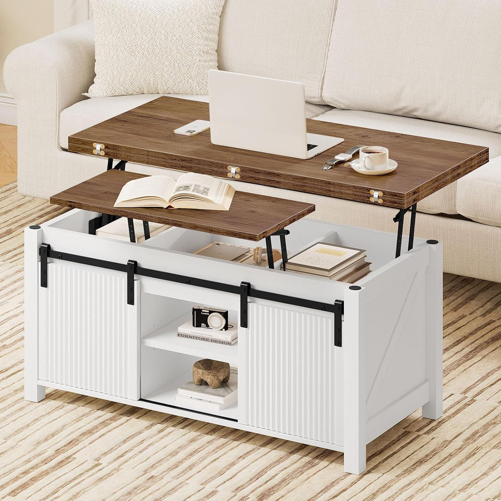 CHOEZON Lift Top Coffee Table, 4 in 1 Convertible Coffee Table, Farmhouse Coffee Tables, with Hidden Compartments, with Sliding Doors, for Living Room, Apartment, White and Walnut MKF01WL