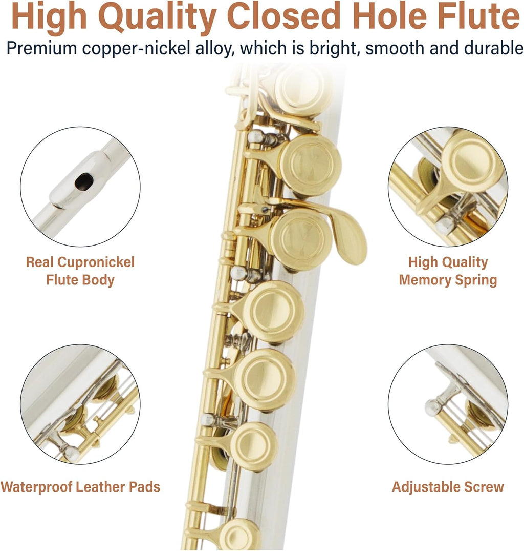 Mendini By Cecilio Flute, 16 Keys Closed Hole C Flute Instrument For Beginners with Carrying Case, Cork Grease, Stand, Lesson Book, Cleaning Kit, Gloves (Gold)