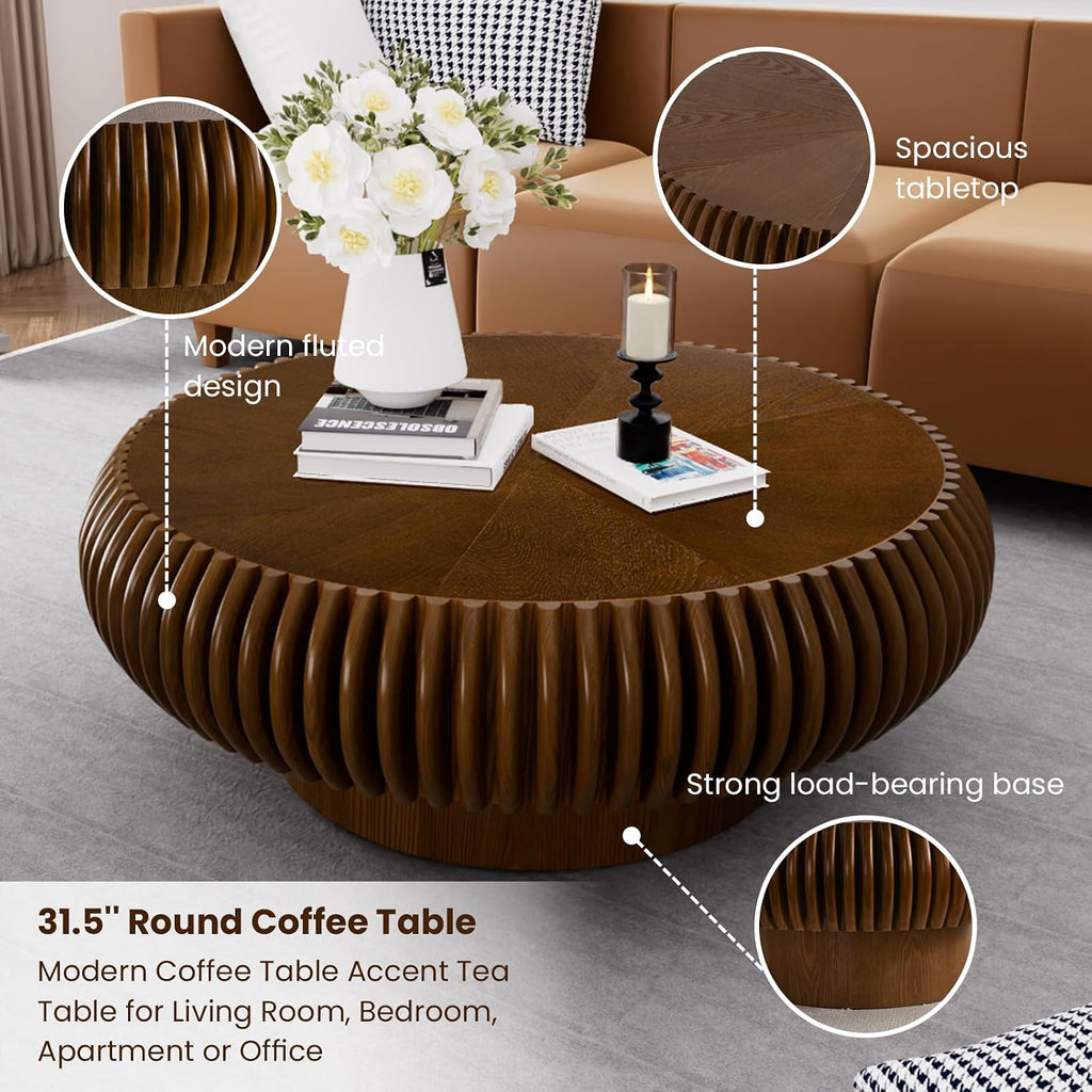 Round Drum Coffee Table for Living Room, Mid Century Modern Coffee Table with Sturdy Pedestal, Farmhouse Fluted Circle Center Table Accent Tea Table for Apartment (31.5' Walnut)