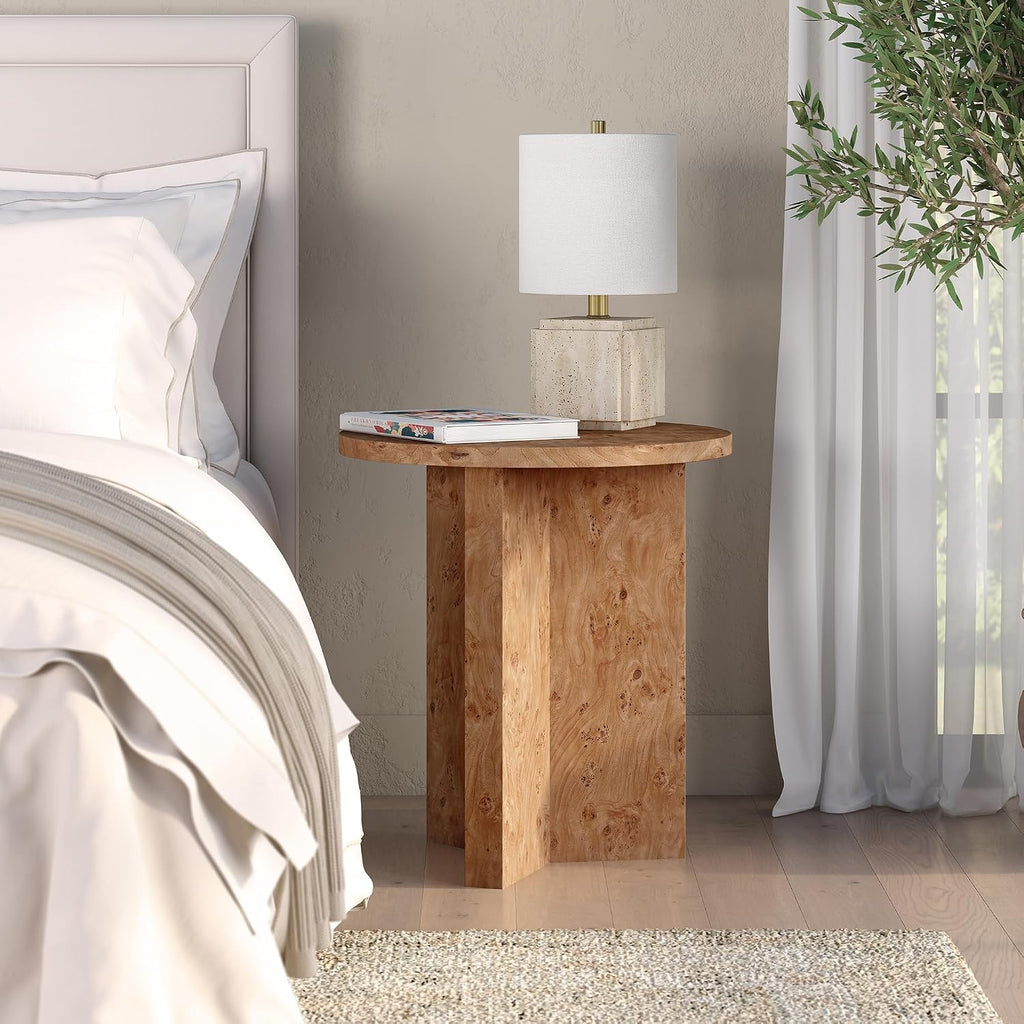 Henn&Hart 20' Scandinavian Round Wooden End Table, Side Table, Nightstand with X-Base for Living Room, Office, Family Room, or Bedroom, Caramel Burl