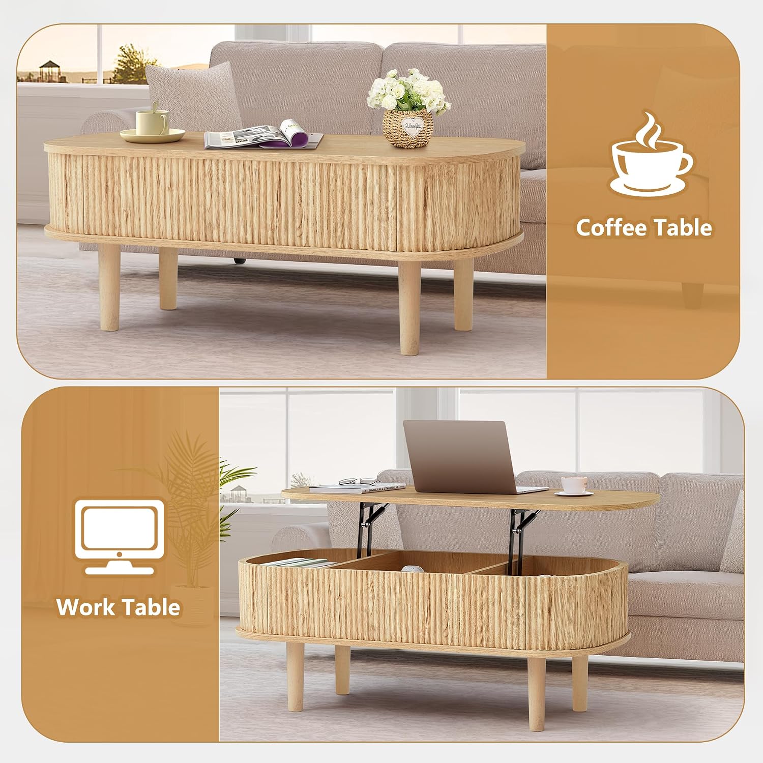 Fully Assembled Fluted Lift Top Coffee Table with Hidden Compartment, Wooden Center Table, Modern Oval Lift Tabletop for Home Living Room Office, Natural