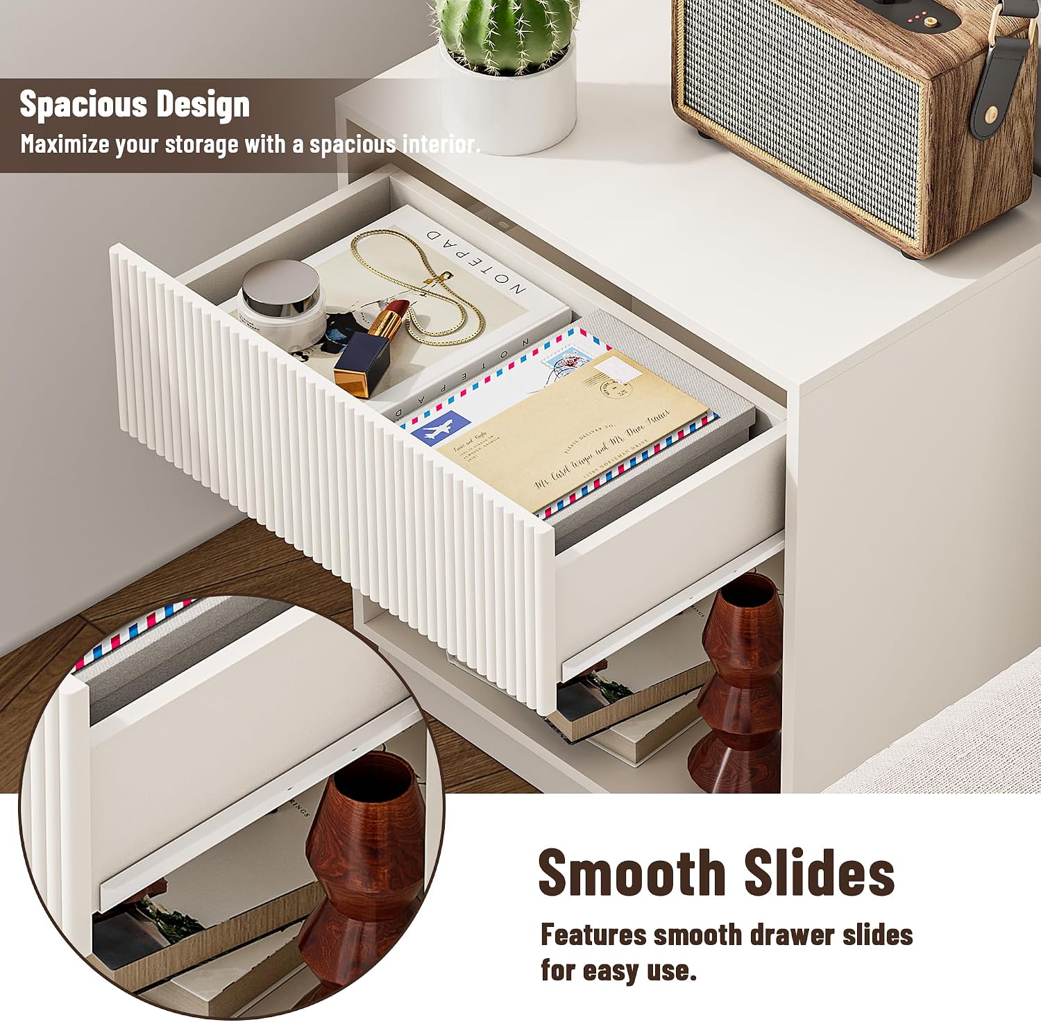 Fluted Nightstands Set of 2, Modern Bedside Table with Drawer and Storage Shelf, Wood End Table Mid Century Night Stands for Bedroom Living Room Sofa Couch Office (White)