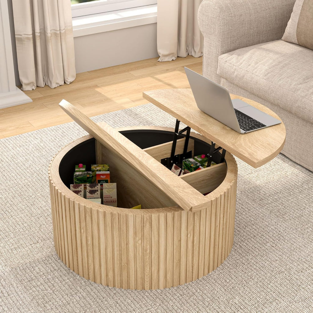 Fsbecl Fluted Lift Top Coffee Table with Storage, 34.6'' Round Coffee Tables for Living Room, Circle Wood Center Table with Hidden Conpartment (Wood Color)