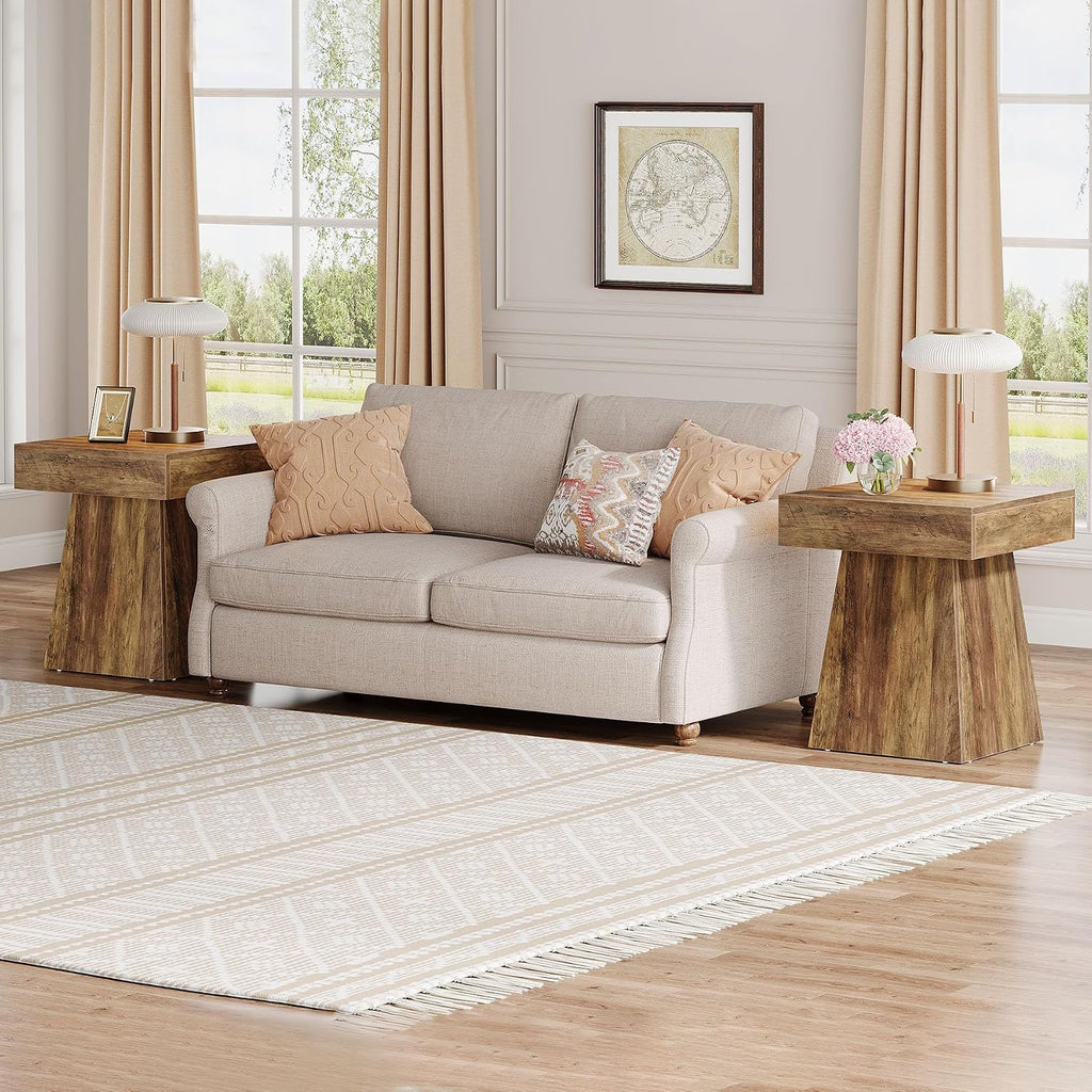 Tribesigns Small End Table Set of 2, Rustic Square Side Table with Wide Base, Farmhouse Small Nightstand Beside Bed, Next to Armchair, for Living Room, Brown