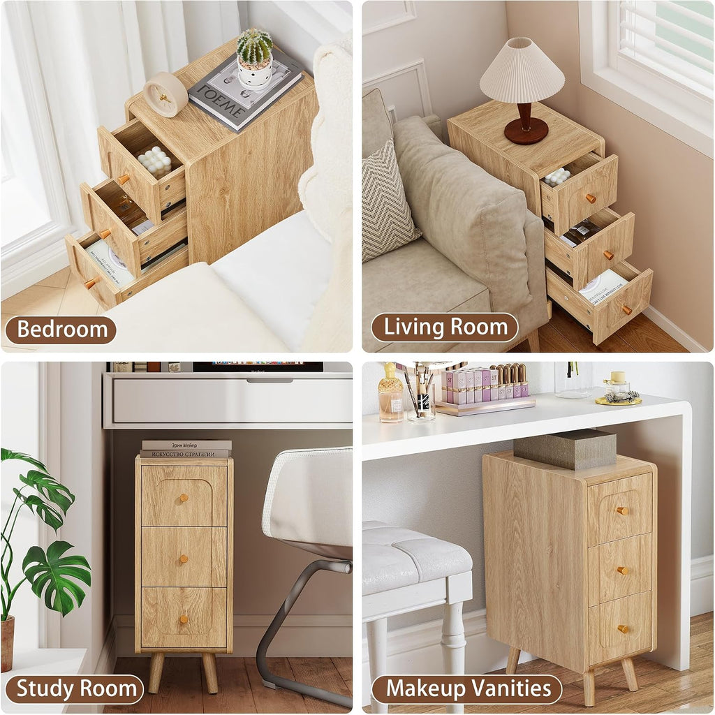 Small Nightstand Set of 2, Narrow Nightstand Slim Couch Side Table with Drawers, Wood End Tables with Storage for Living Room, Bedroom, Small Spaces (Natural-2pcs)