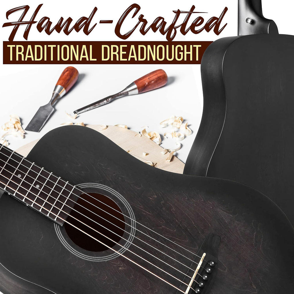 Pyle Acoustic Guitar Kit, 1/2 Junior Size All Wood Steel String Instrument for Beginner Kids, Adults, 34' Black Matte