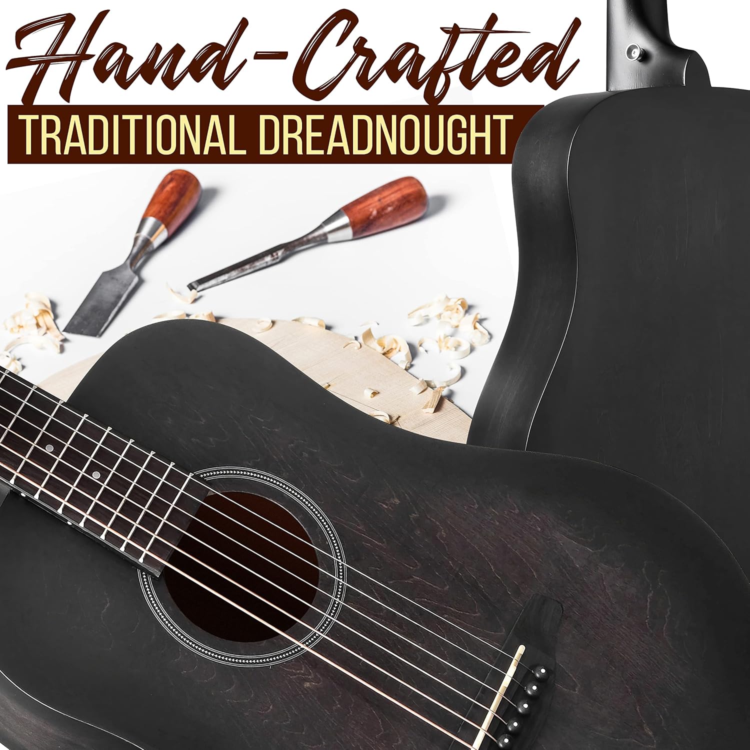 Pyle Acoustic Guitar Kit, 1/2 Junior Size All Wood Steel String Instrument for Beginner Kids, Adults, 34' Black Matte