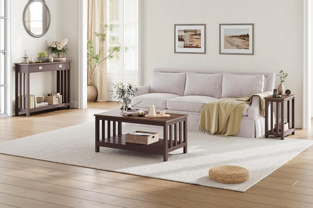 ChooChoo Mission End Tables Set of 2, Narrow Side Tables for Small Spaces, Night Stands with Storage Shelf for Living Room and Bedroom, Espresso