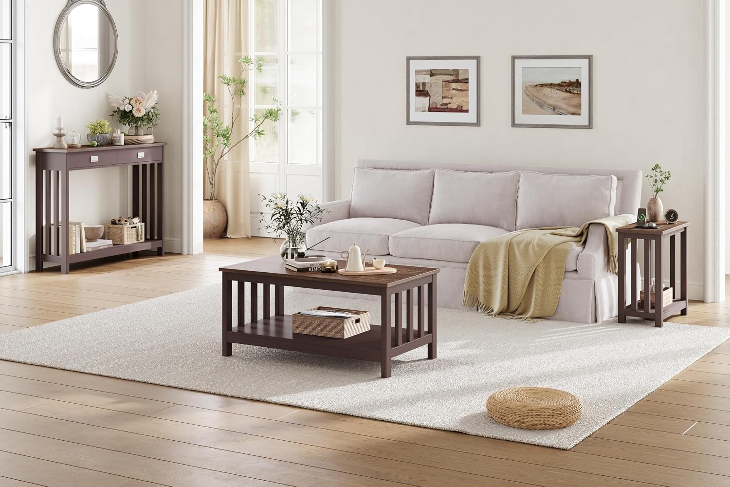 ChooChoo Mission End Tables Set of 2, Narrow Side Tables for Small Spaces, Night Stands with Storage Shelf for Living Room and Bedroom, Espresso