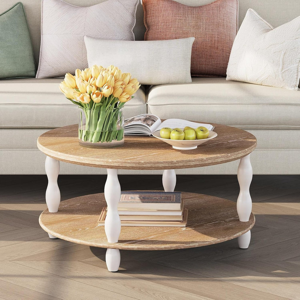 karlott Farmhouse Coffee Table, 30.3' Round Coffee Tables for Living Room, Solid Wood Veneer 2-Tier Center Table with Storage Shelf, Pine Leg, Boho Rustic, Easy Assembly, Cream Beige
