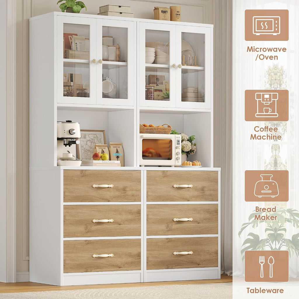 Keyluv 71' Tall Kitchen Pantry Storage Cabinet with Microwave Stand, Buffet Kitchen Hutch with Shelves and Drawers, Wood Coffee Bar Pantry Cabinet with Glass Doors, for Dining Room/Small Space, Khaki