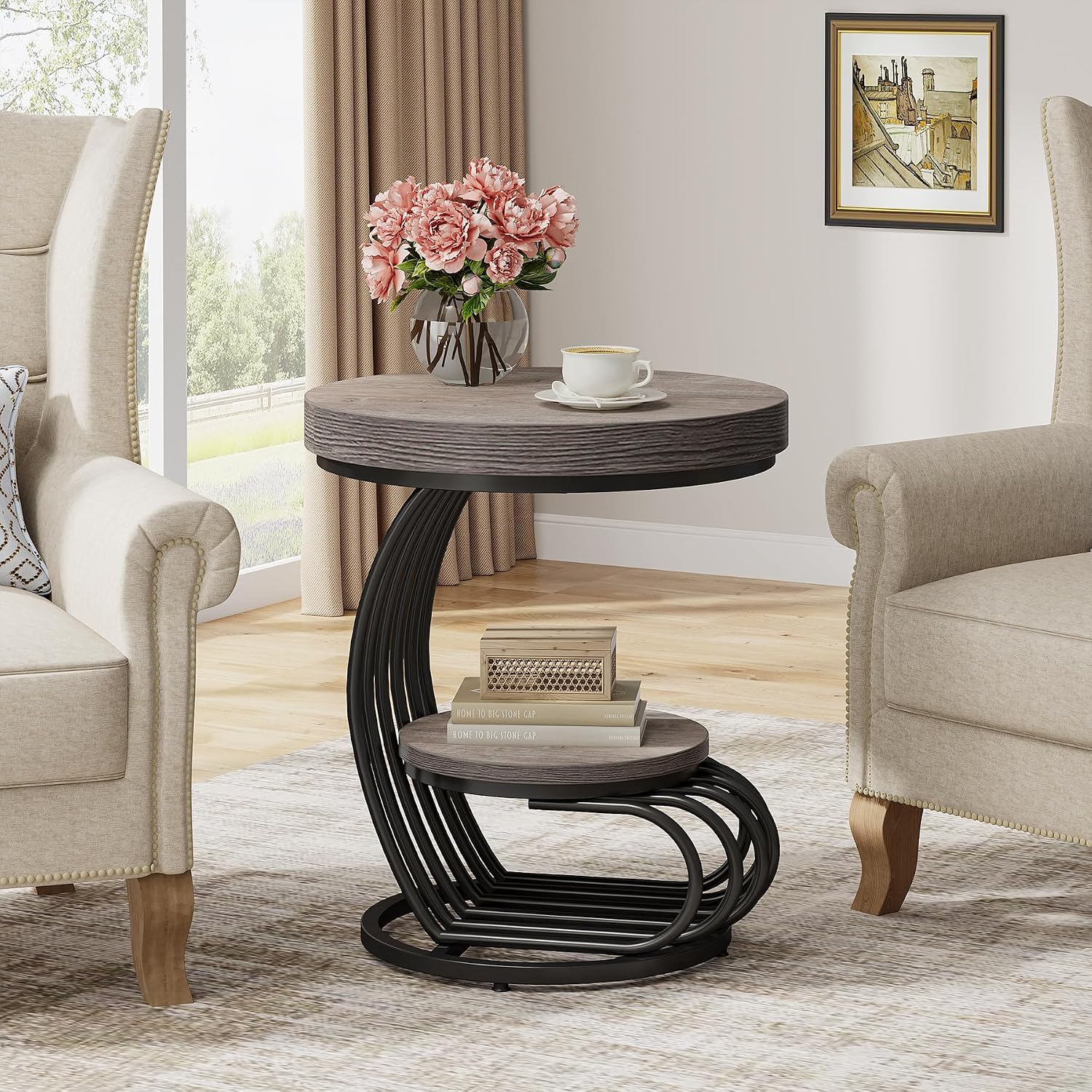 Tribesigns Round End Table, 2-Tier Farmhose Wood Side Table with Shelf Storage, Small Sofa Side Bedside Nightstand, Arc-Shaped Frame Accent Furniture for Living Room, Grey