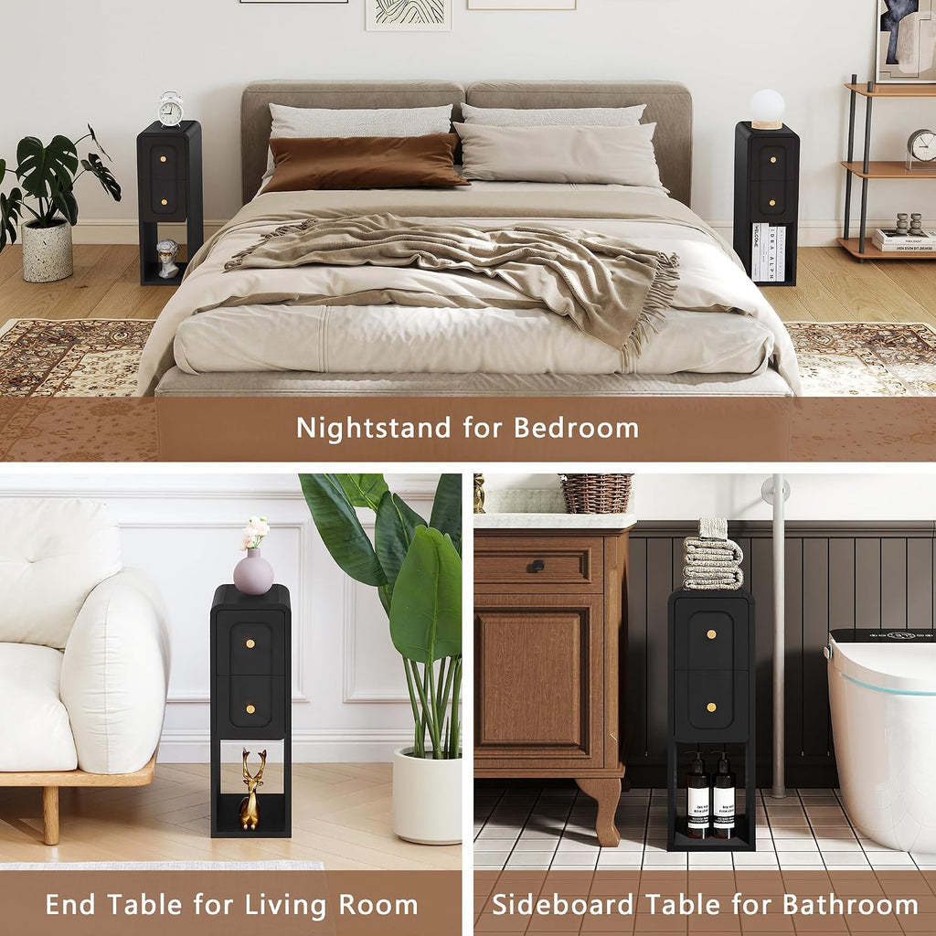 Small Nightstand Set of 2, Wooden Narrow Nightstands with 2 Drawers, Vintage Side End Table for Small Spaces, Skinny Night Stand, Bedside Table for Bedroom, Living Room (Black-2PCS)