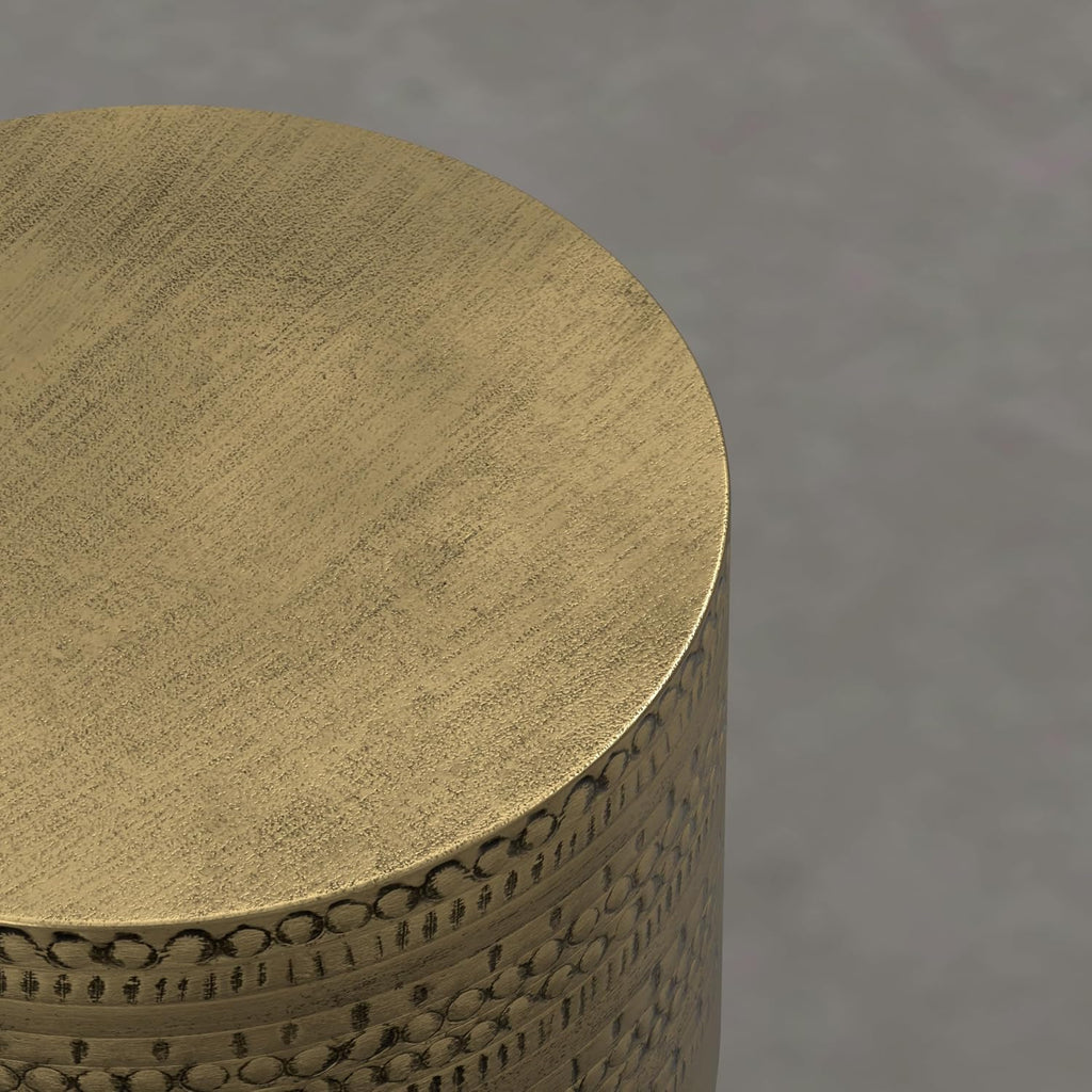 SIMPLIHOME Johnsen Tribal Accent Table – 15 inch Wide Round Metal Drum Table in Burnished Gold, Boho Modern Side Table for Living Room with Embossed Tribal Pattern, Assembled
