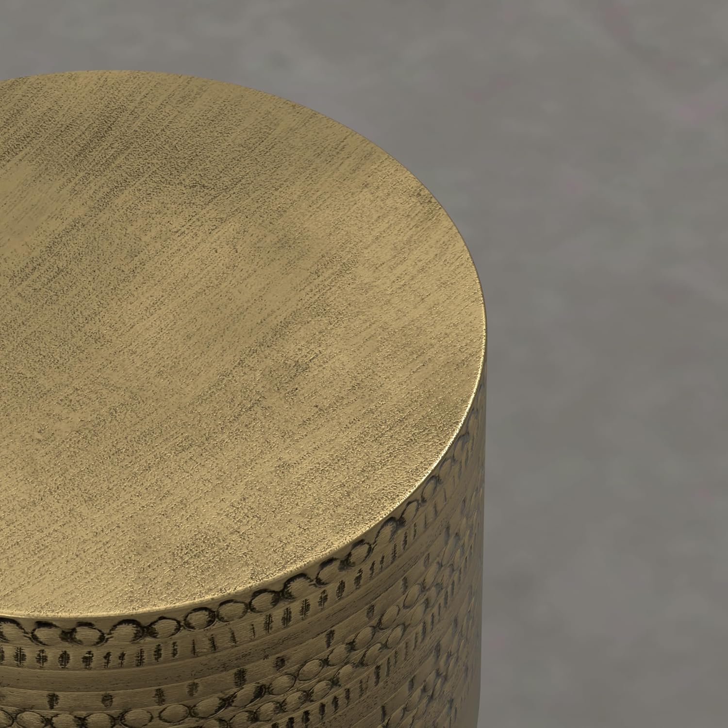SIMPLIHOME Johnsen Tribal Accent Table – 15 inch Wide Round Metal Drum Table in Burnished Gold, Boho Modern Side Table for Living Room with Embossed Tribal Pattern, Assembled