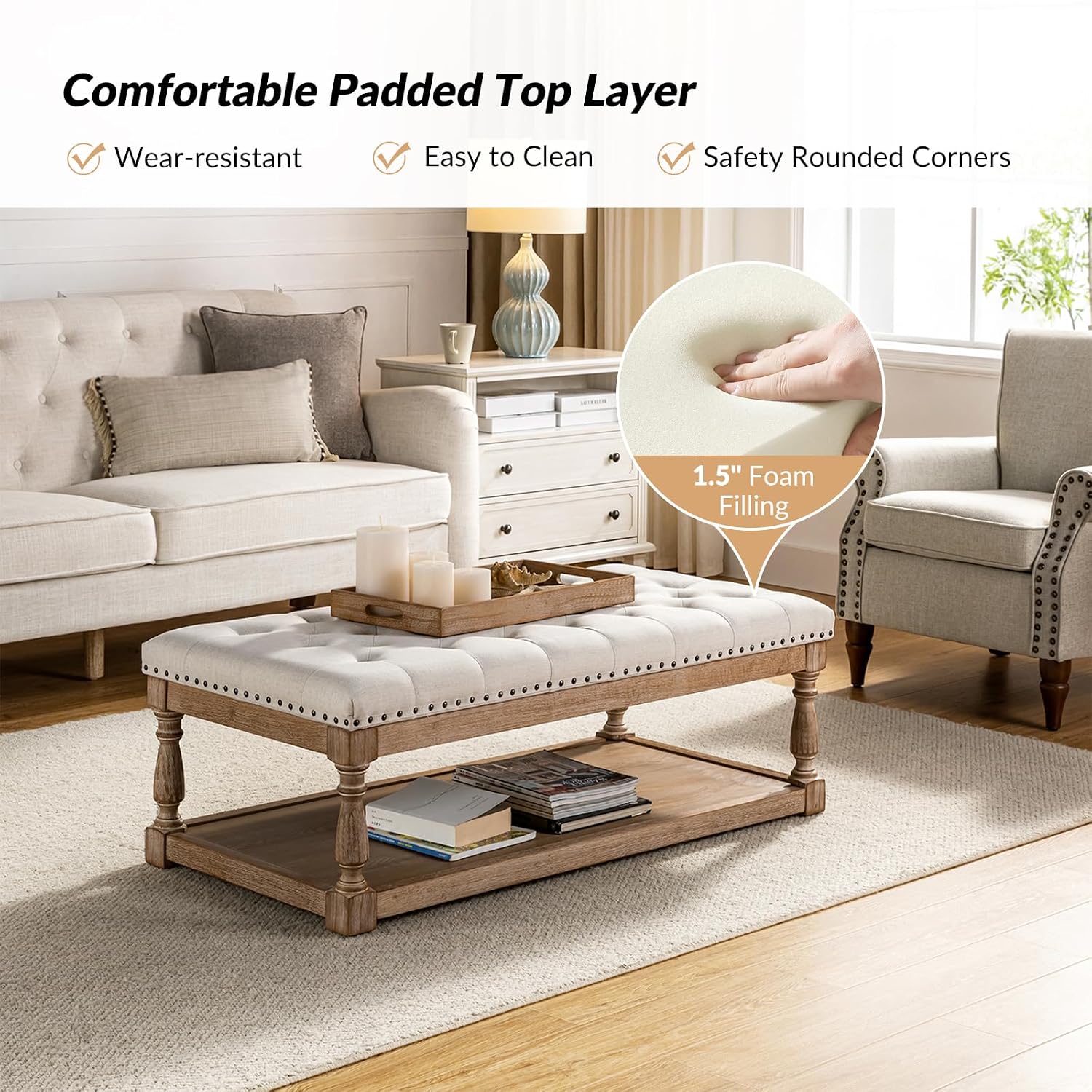 HULALA HOME Rectangle Ottoman Coffee Table with Tray, Tufted Living Room Ottoman with Solid Wood Storage Shelf, Ivory