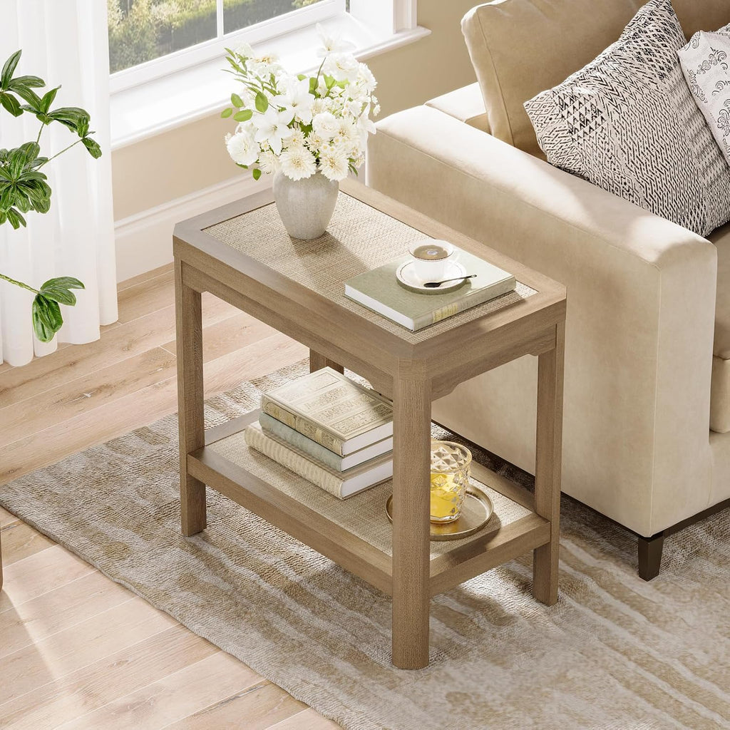 Eclatara Rattan Nightstands - Farmhouse 2 Tier End Table for Bedroom - Accent Polygon Side Table for Small Space Narrow Coffee Table Bamboo, Oak