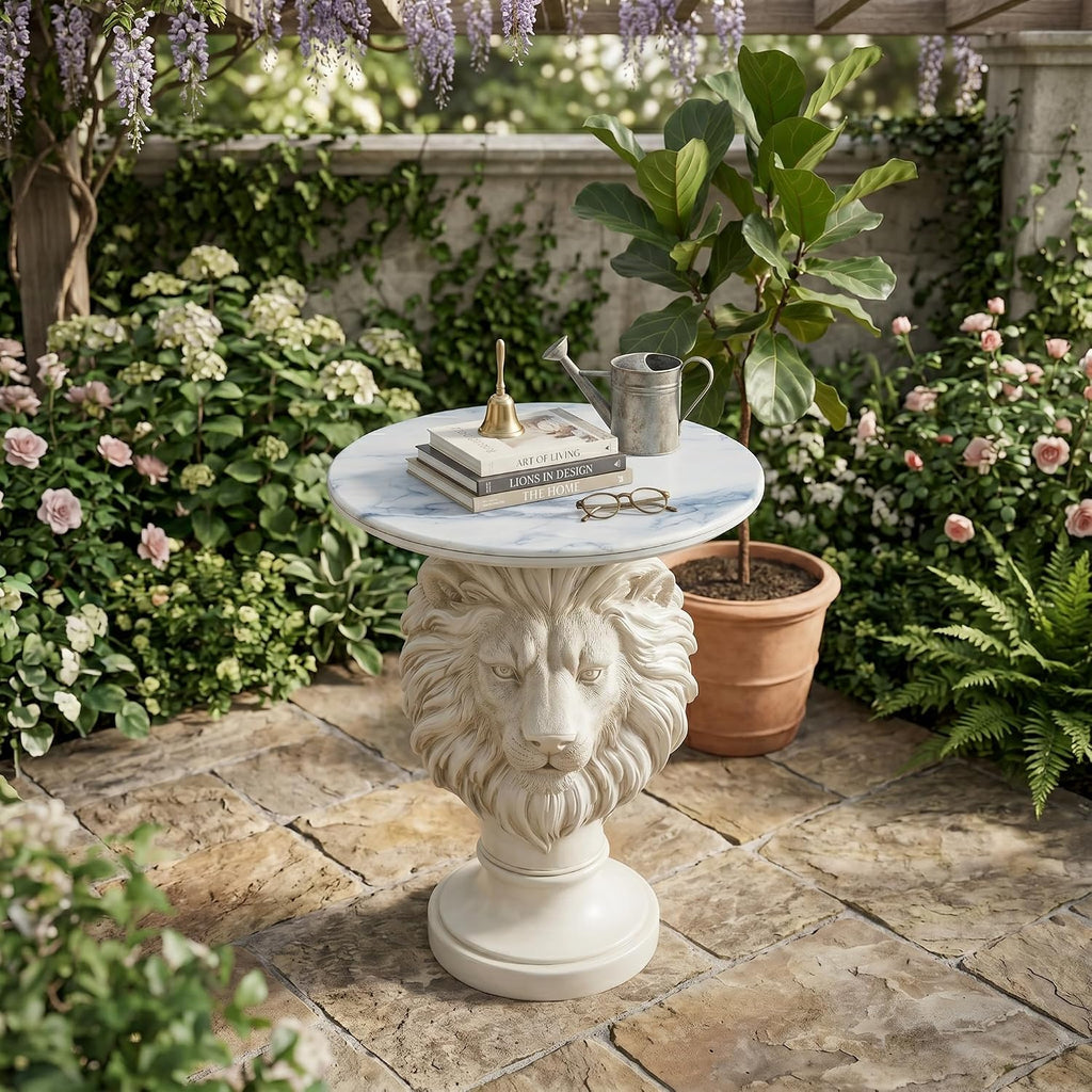White Lion Head Sculptural Side Table with Faux Marble Top, 19.68' Round Resin Animal End Table, 25.59' H Majestic Accent Table for Living Room & Entryway, Regal Housewarming Gift