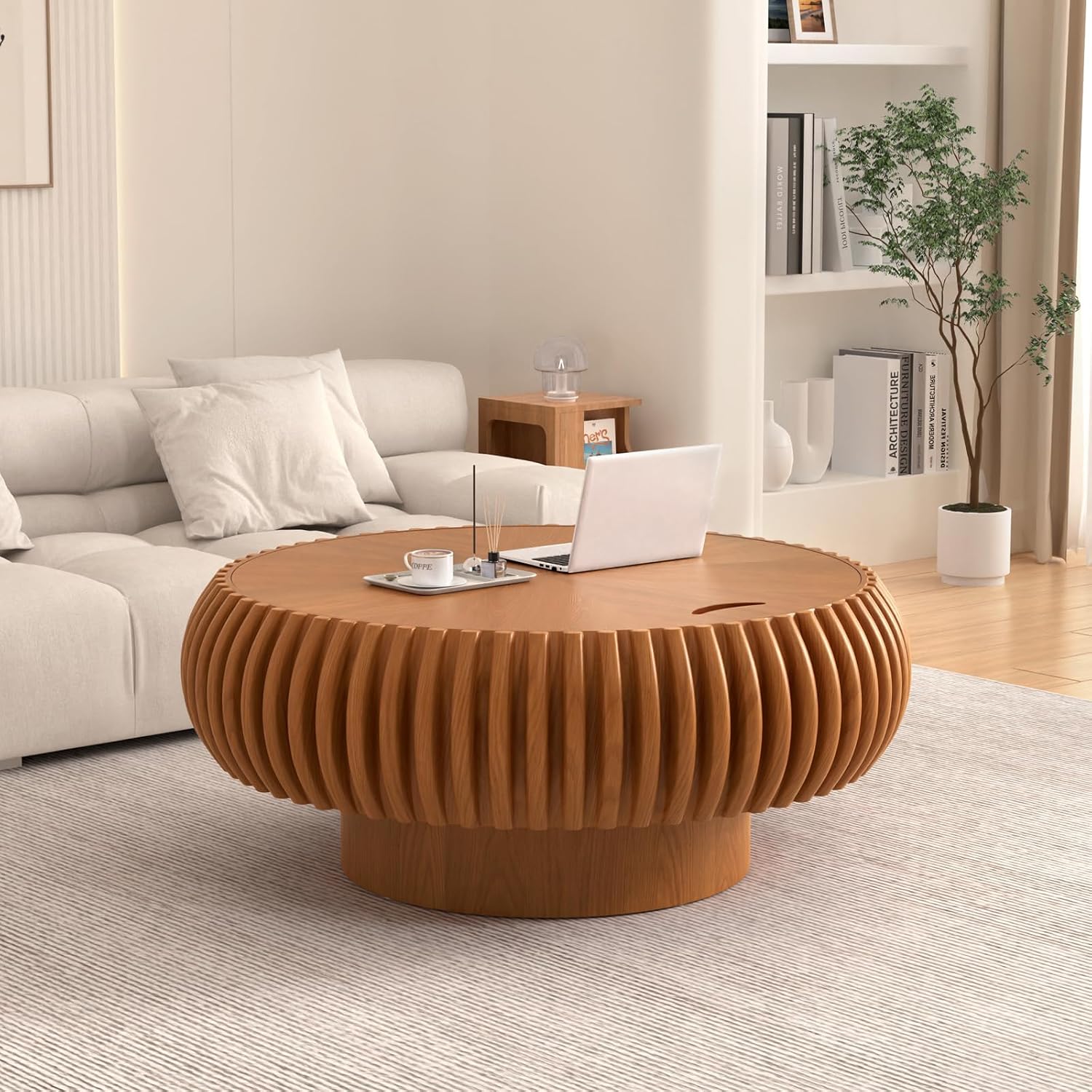 Fluted Round Coffee Table with Storage, 31.5' Modern Drum Wood Coffee Tables with Sturdy Base, Unique Circle Center Tea Table for Living Room Apartment Small Spaces (31.49' Brown with Storage)