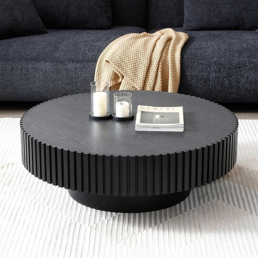 ø39.37'' Black Round Coffee Table for Living Room Wood Coffee Table Contemporary Circle Coffee Table with Pedestal Centry Table, Easy Assembly