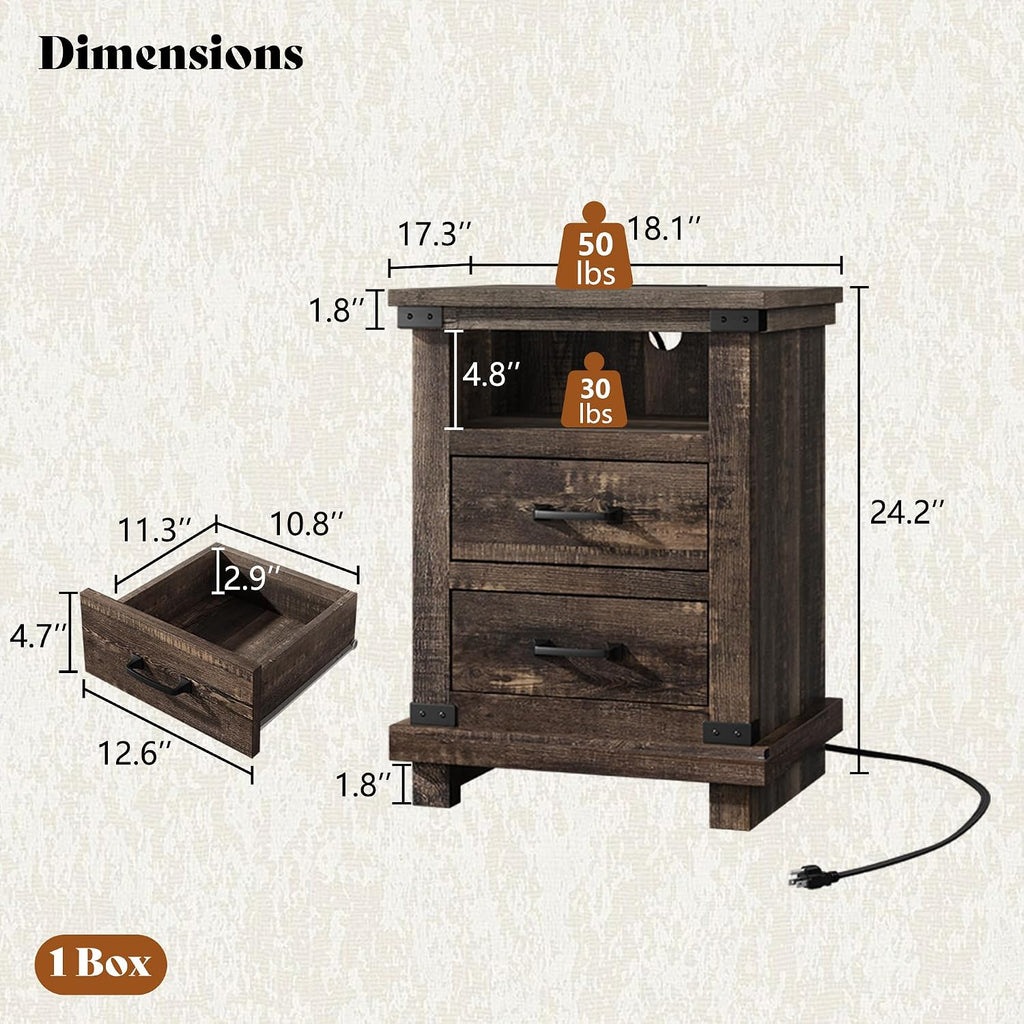 AMERLIFE Farmhouse End Table Set of 2, 18' Wood Night Stand with Charging Station & 2 Storage Drawers, Heavy Duty Bedside Nightstands for Bedroom, Living Room, Black Oak