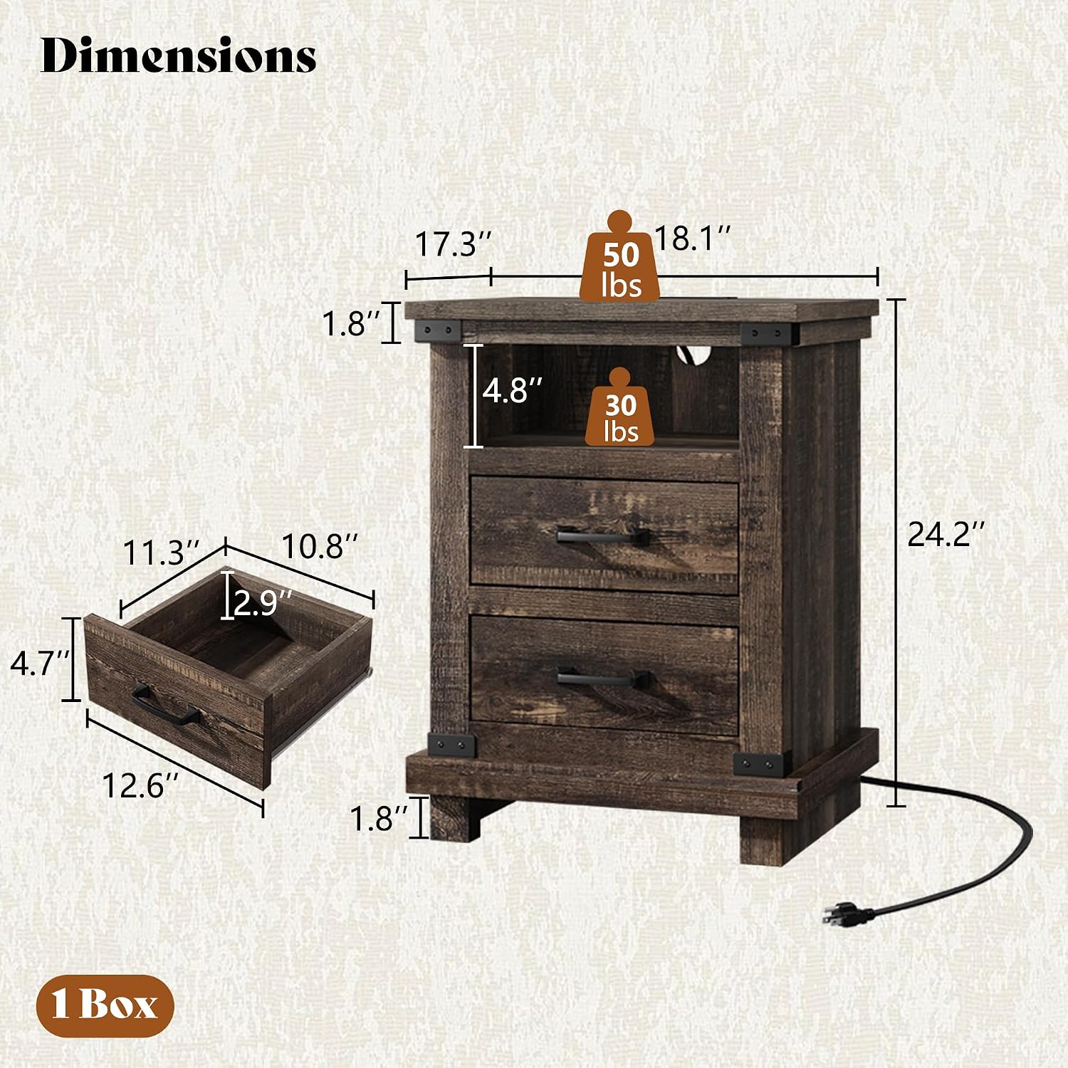AMERLIFE Farmhouse End Table Set of 2, 18' Wood Night Stand with Charging Station & 2 Storage Drawers, Heavy Duty Bedside Nightstands for Bedroom, Living Room, Black Oak