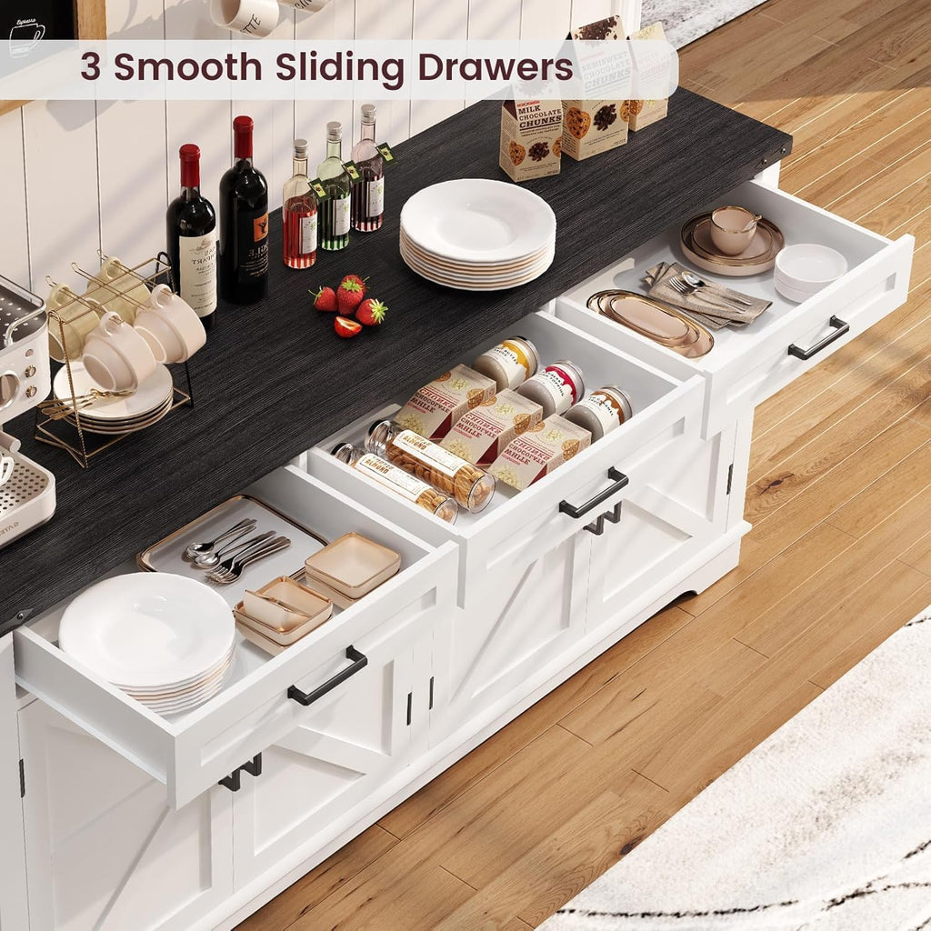 TEENFON 61' Farmhouse Buffet Cabinet with 2 Adjustable Shelves, Sideboard with 3 Drawers & 4 Doors, Rustic Storage Cabinet for Kitchen, Entryway, Coffee Bar, White