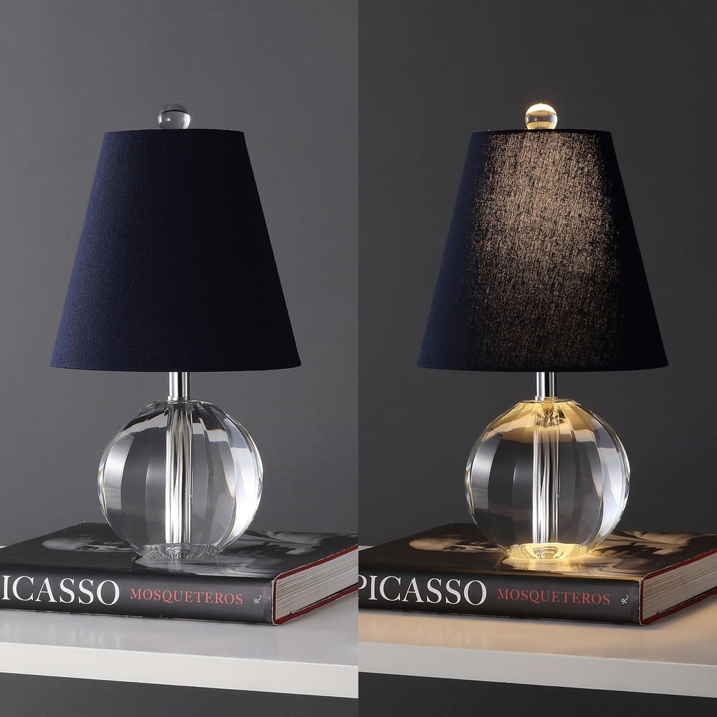 JONATHAN Y 16' Clear/Navy Crystal Ball LED Table Lamp, White Modern Bedside Lamp, with White Linen Empire Shade, Glam Orb Glass Nightstand Lamp for Living Room, LED Bulb (JYL2079D)