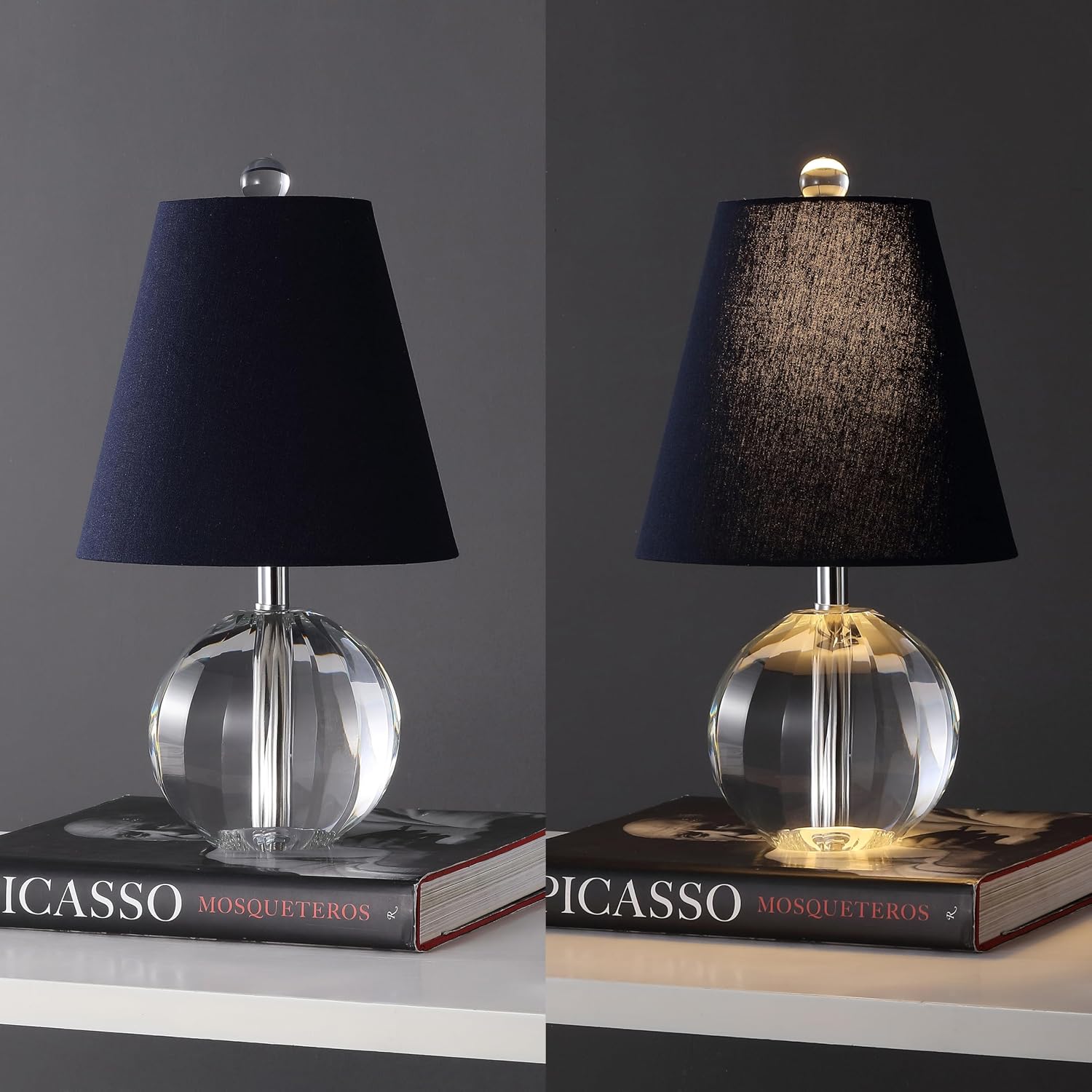 JONATHAN Y 16' Clear/Navy Crystal Ball LED Table Lamp, White Modern Bedside Lamp, with White Linen Empire Shade, Glam Orb Glass Nightstand Lamp for Living Room, LED Bulb (JYL2079D)