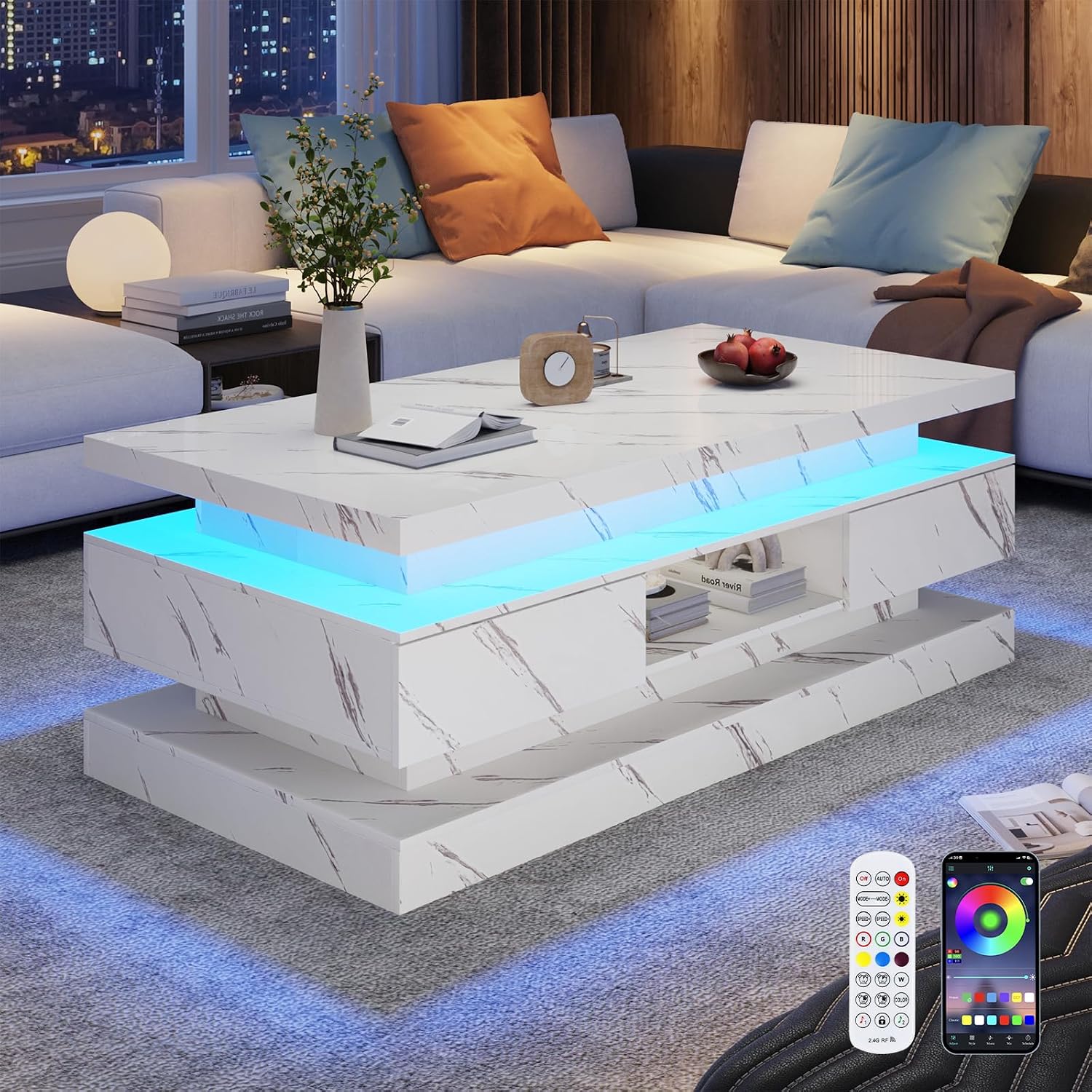 47.2 inch Modern High Glossy LED Coffee Table with 2 Sliding Drawers, Double-Layer Center Tables with LED Lights for Livings Room Furniture, White