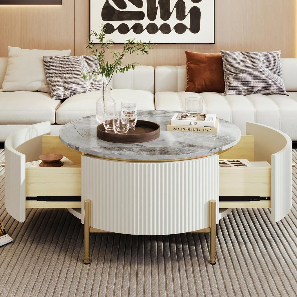 Merax 31.5'' Round Wood Coffee Table, with 2 Large Drawers Storage, Modern Marble Top, with Gold Metal Legs Center Tables for Living Room Apartment, Off White