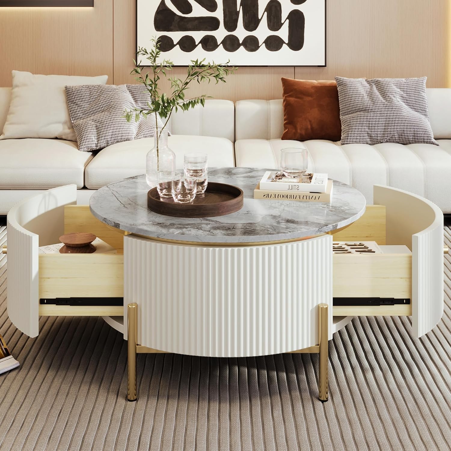 Merax 31.5'' Round Wood Coffee Table, with 2 Large Drawers Storage, Modern Marble Top, with Gold Metal Legs Center Tables for Living Room Apartment, Off White