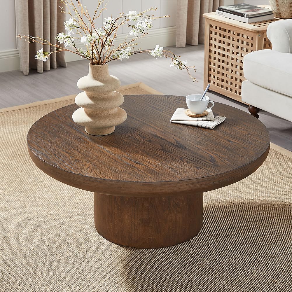Round Wood Coffee Table for Living Room Modern Circle Coffee Table Pedestal Center Table for Apartment, Easy Assembly Brown