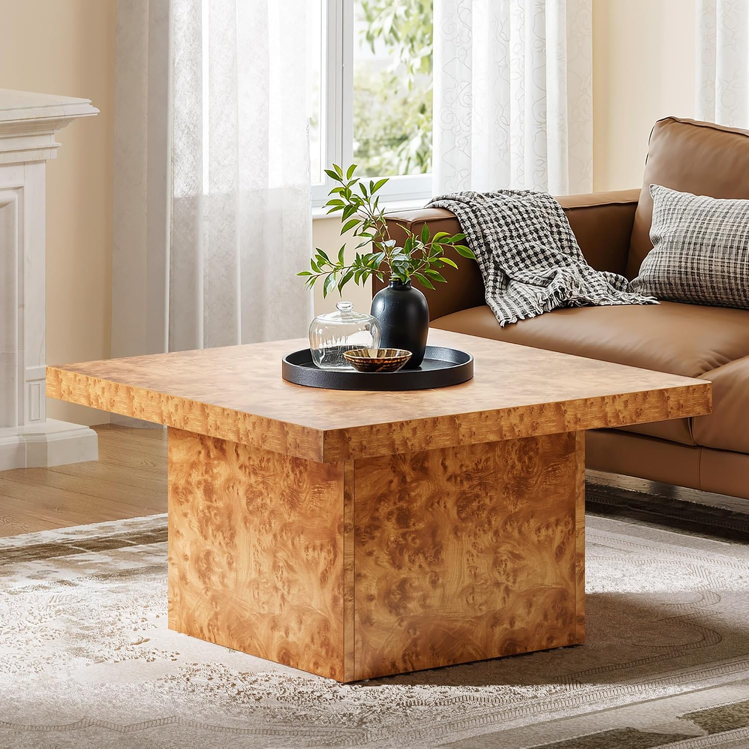 YITAHOME Coffee Table Square LED Coffee Table, Burl Wood Grain Tea Coffee Tables for Living Room/Apartment, Modern Wooden Center Table for Office Decor, Burl Wood