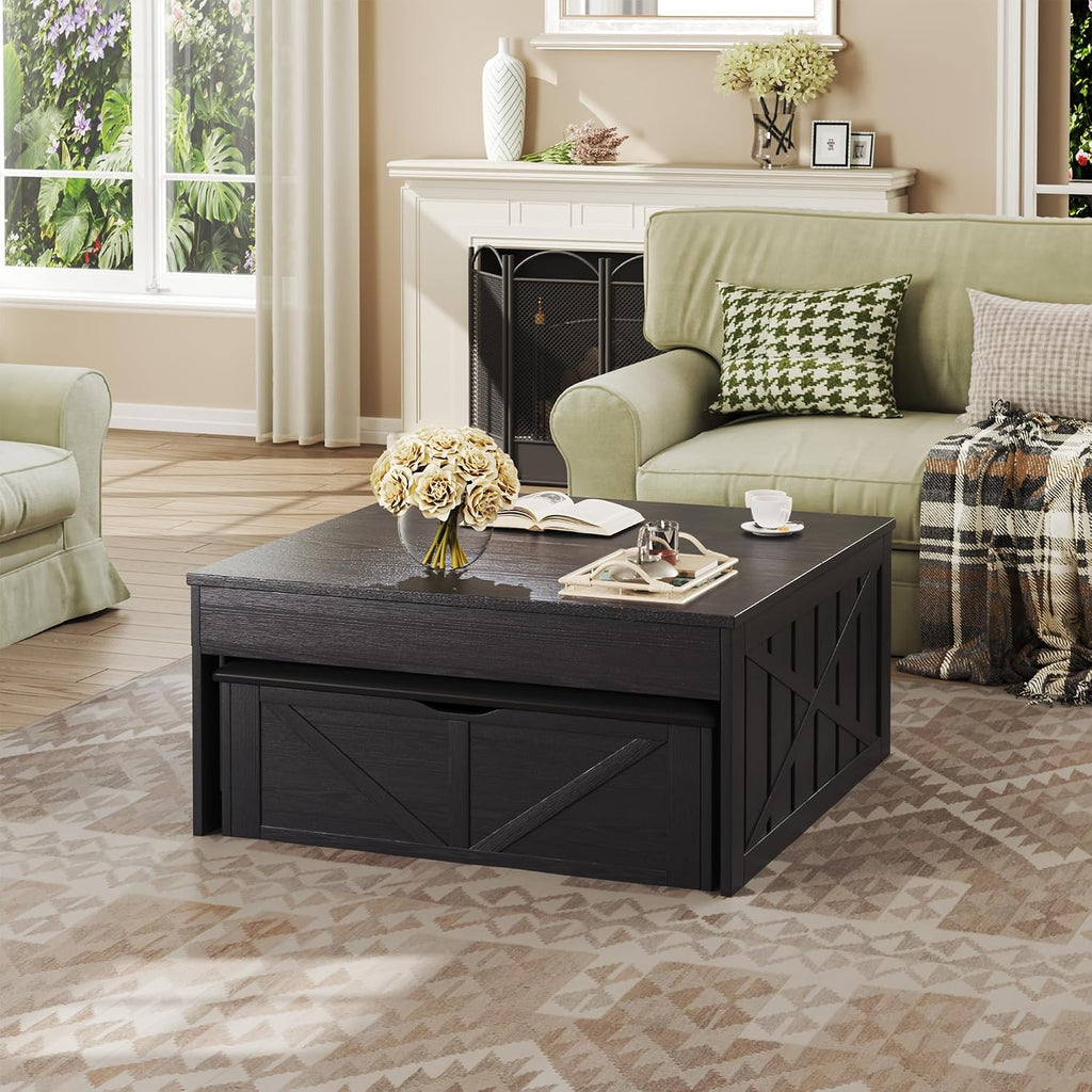 HUAHUU Coffee Table, 31.5 Lift Top Coffee Tables with Storage Hidden Compartment, Farmhouse Coffee Tables with Ottoman Bench, Center Table with Wooden Lift Tabletop for Living Room, Black