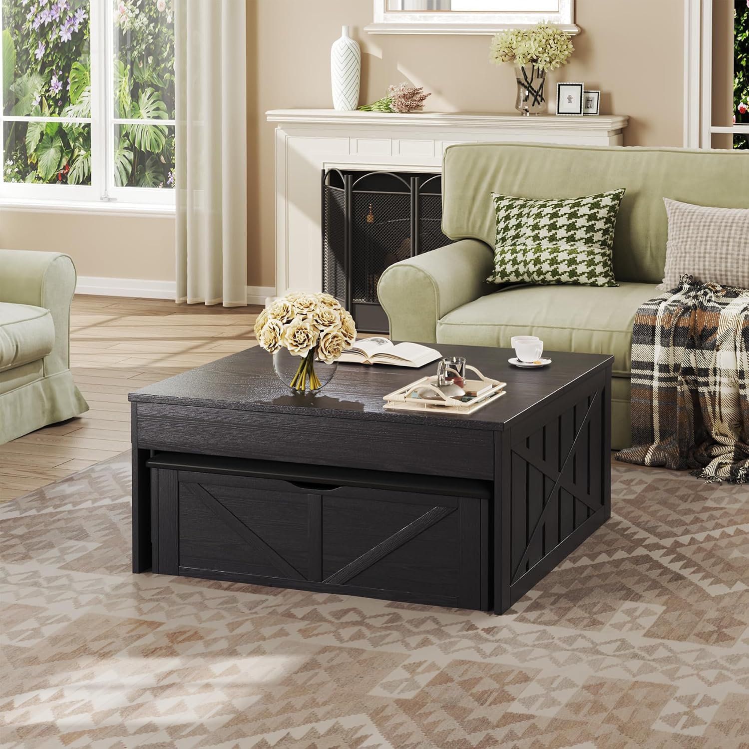 HUAHUU Coffee Table, 31.5 Lift Top Coffee Tables with Storage Hidden Compartment, Farmhouse Coffee Tables with Ottoman Bench, Center Table with Wooden Lift Tabletop for Living Room, Black