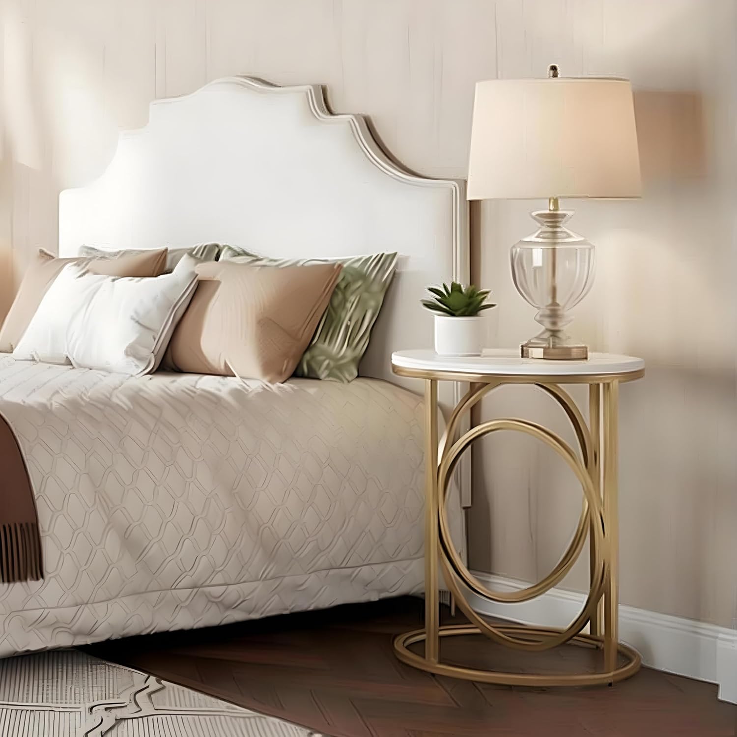 LITTLE TREE 20' Round End Table，Modern Sofa Side Table with Gold O-Shaped Base, Faux Marble White Cocktail Table Accent Table Nightstand for Living Room Bedroom, 2PCS