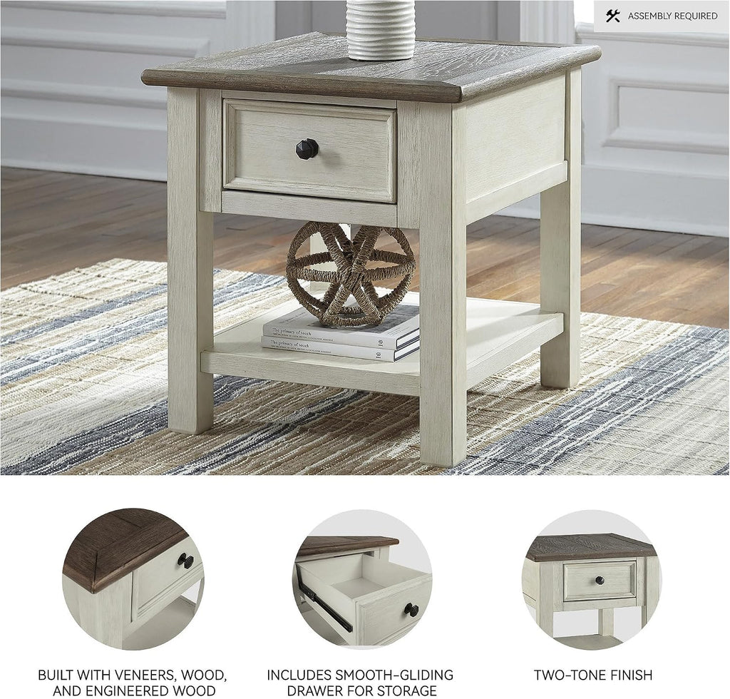 Signature Design by Ashley Bolanburg End Table for Living Room, Two-Tone Distressed Wood Side Table with Smooth-Gliding Drawer, Farmhouse Plank-Style Top, Ideal Night Stand Use, Antique White/Oak