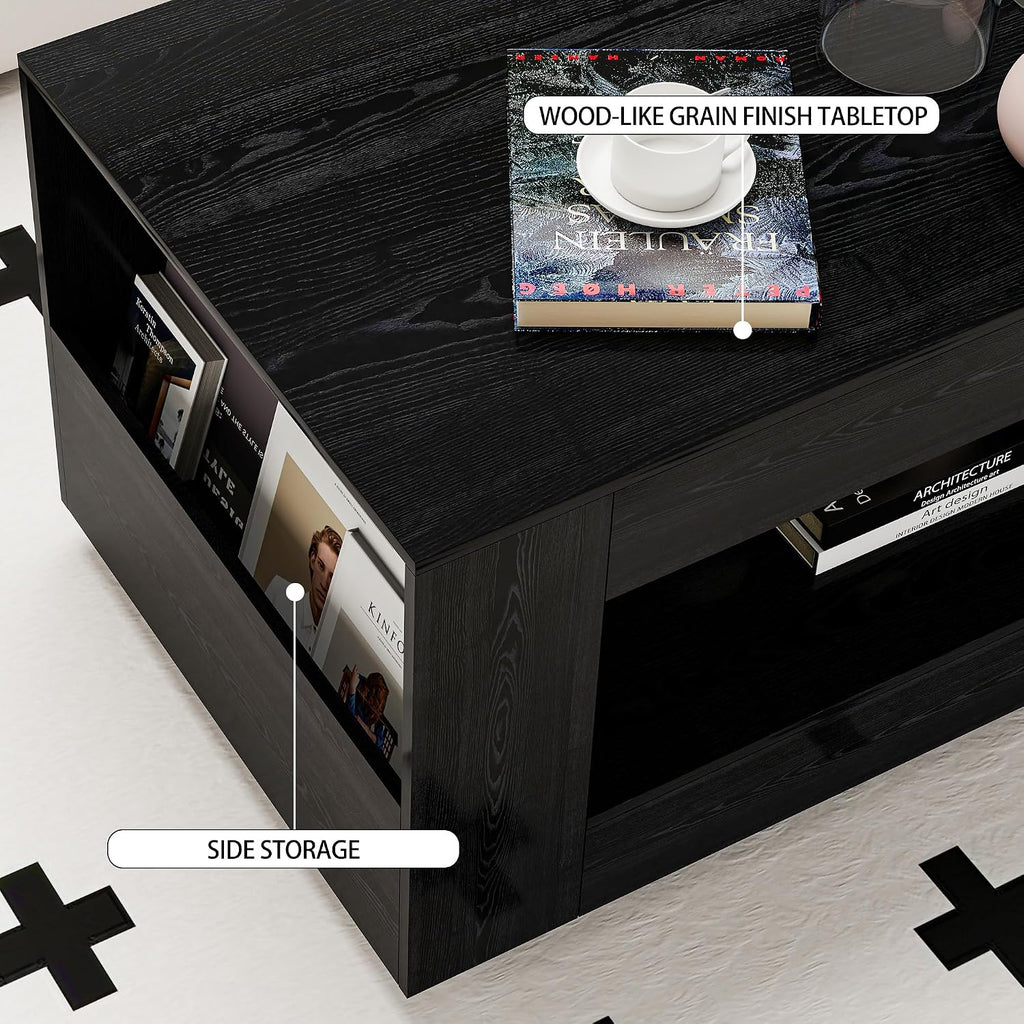 Wood Grain Coffee Table with Open Shelf Storage - High Gloss Modern Cocktail Table for Living Room, Bedroom, Office