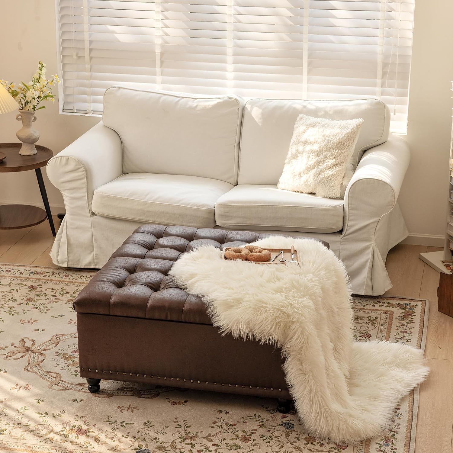 Redlife 35 Inch Large Square Storage Ottoman, Storage Ottoman Coffee Table with Lift Top Faux Leather Ottomans Bench Square Footrest Oversized Upholstered Coffee Table for Living Room (Dark Brown)
