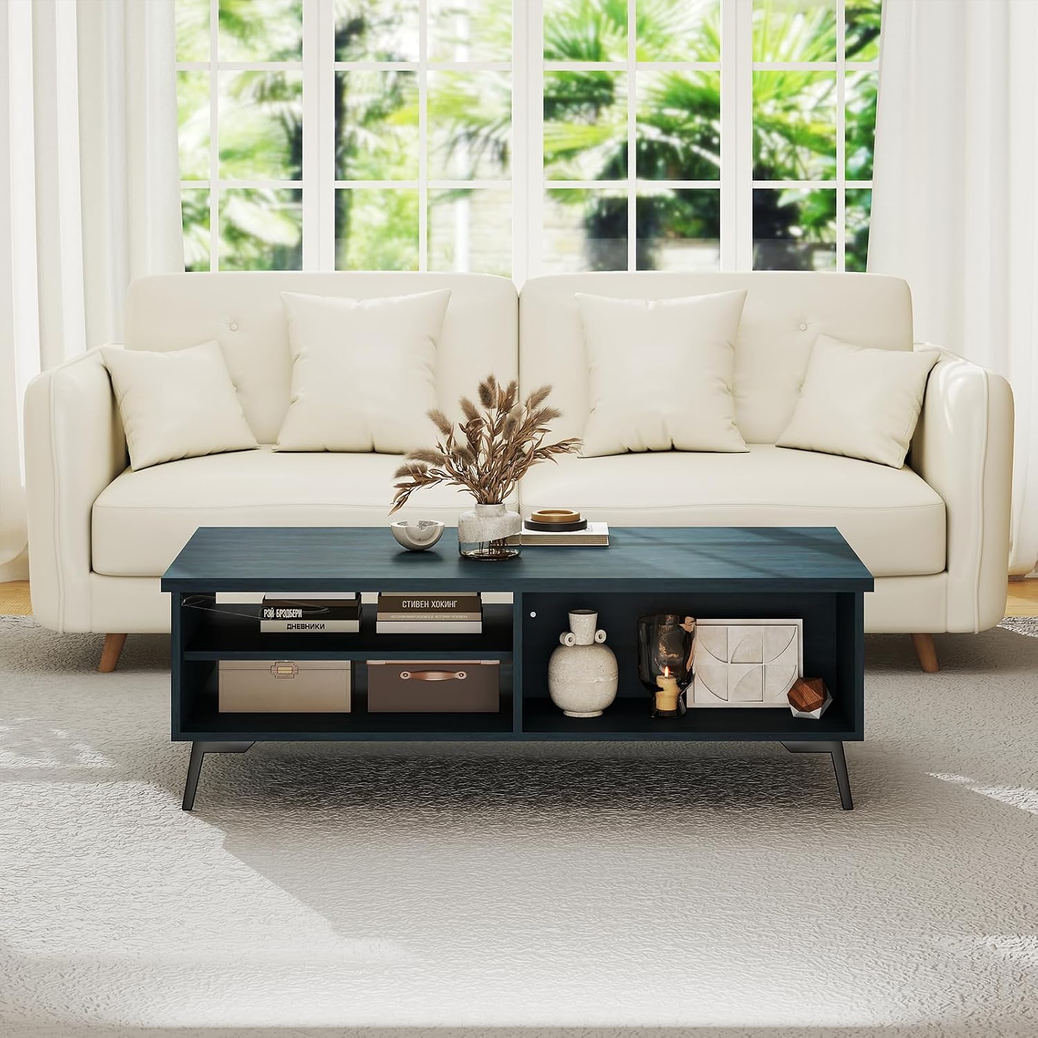 Giantex Mid Century Modern Coffee Table, 2-Tier Wood Rectangular Center Table with Open Storage Shelves, Compartments & Metal Legs, Vintage Living Room Tables for Reception (Charcoal Blue)