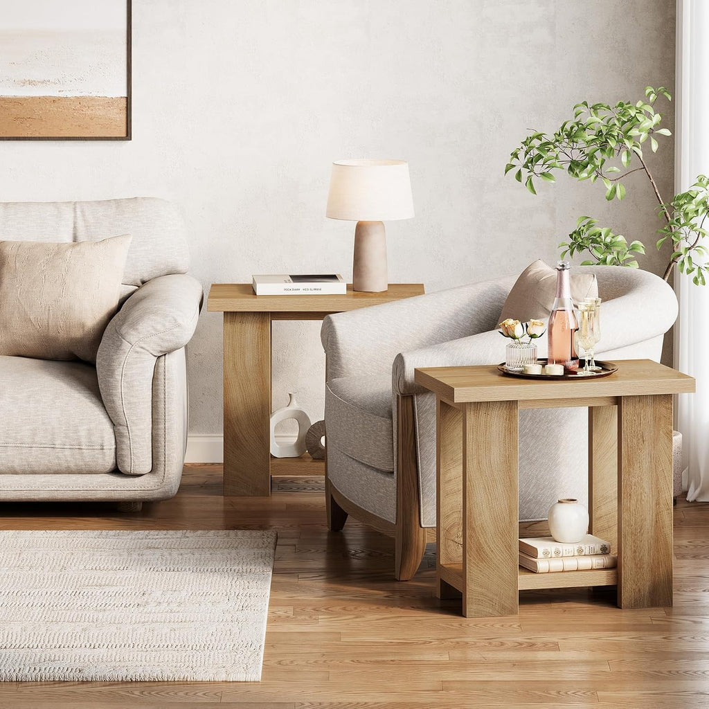 LITTLE TREE 2-Tier Side Table, Set of 2 Farmhouse End Table with Storage Shelves, Small Nightstand Wooden Beside Table Bed Side Table for Small Spaces, Living Room, Bedroom, Brown