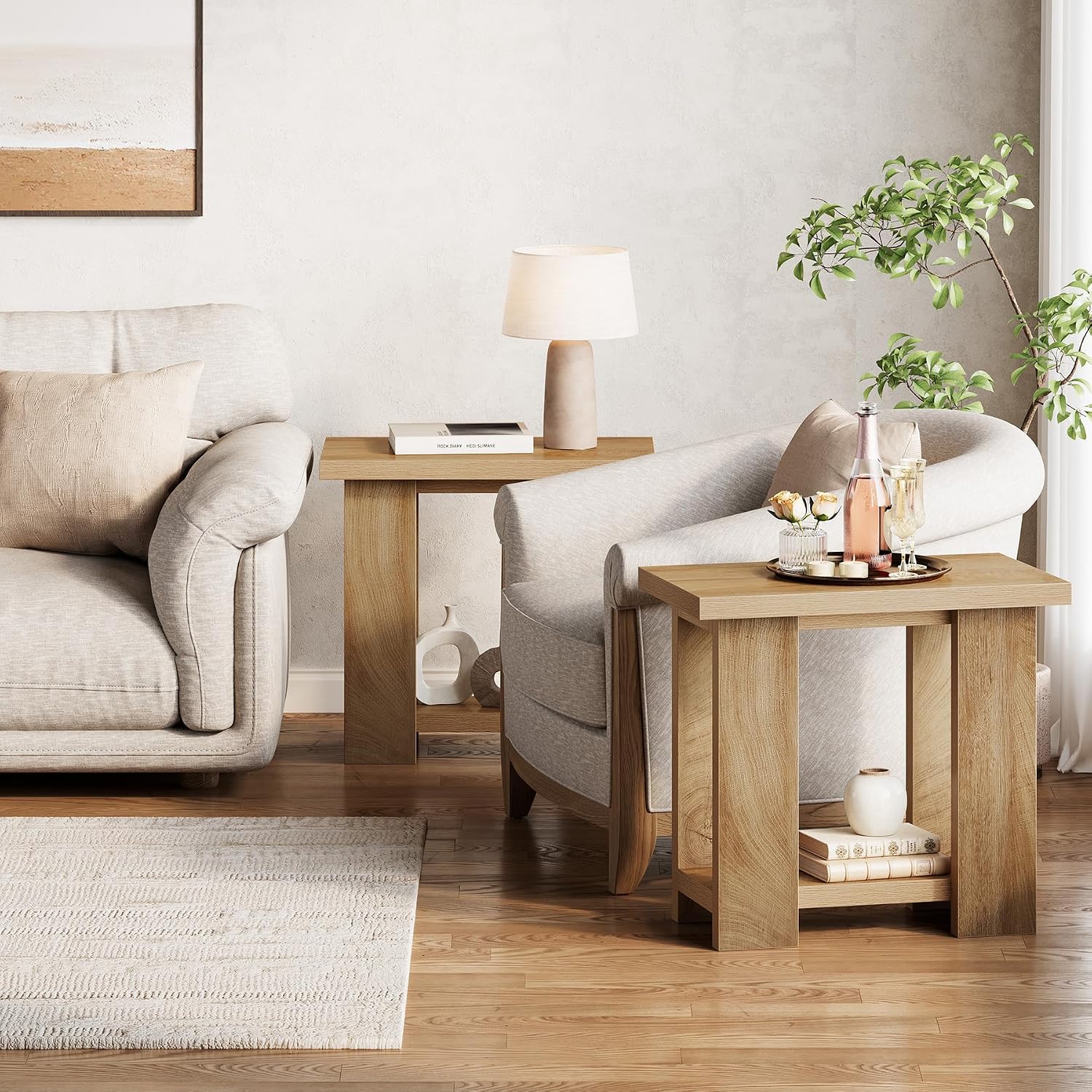 LITTLE TREE 2-Tier Side Table, Set of 2 Farmhouse End Table with Storage Shelves, Small Nightstand Wooden Beside Table Bed Side Table for Small Spaces, Living Room, Bedroom, Brown